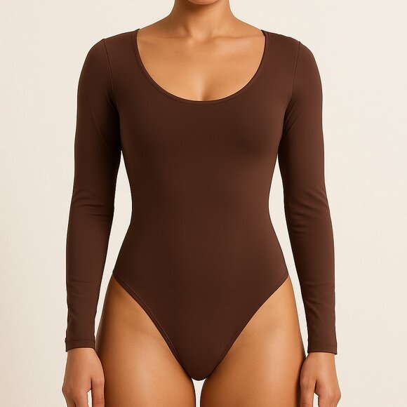 Popilush Brown Long Sleeve Scoop-Neck Bodysuit - XL - Picture 1 of 8